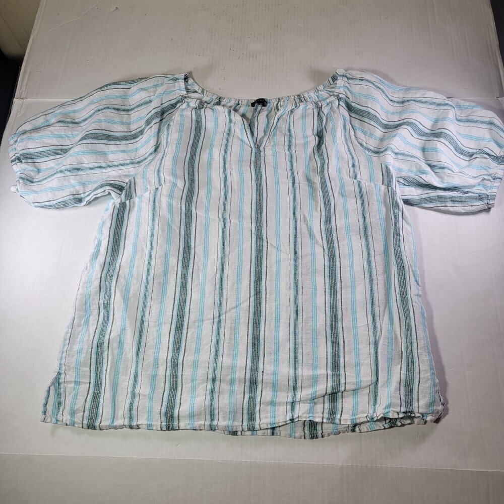 Talbots Women White & Blue Striped Casual Linen Short Puff Sleeve Blouse Size M